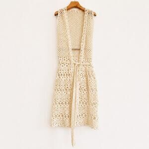 Handmade Crochet Sleeveless Cardigan Vest Ivory Tie Waist – One Size Boho Layer